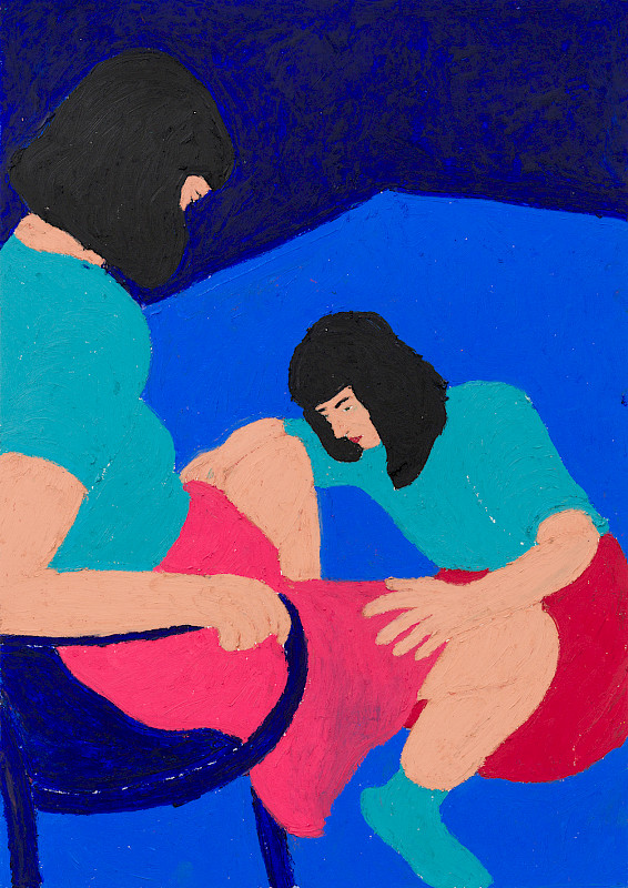 Blick zwischen die Beine, Ölpastell auf Papier, 62 x 44 cm