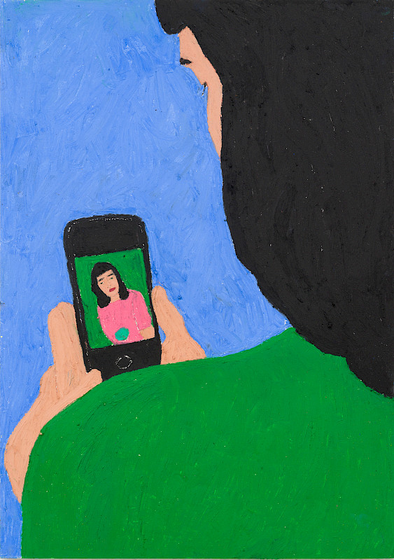 Am Handy, Ölpastell auf Papier, 62 x 44 cm